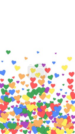 Sobreposición de confeti de corazón. Corazones dispersos de color arco iris. Tarjeta de San Valentín LGBT. Joyfull corazón confeti vector ilustración