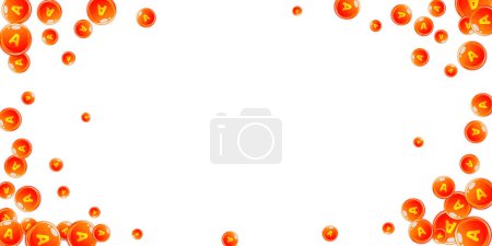 Illustration for Vitamin A round capsules scattered randomly.  Beauty treatment and nutrition skin care.   Wellness concept. Medical and scientific background. - Royalty Free Image