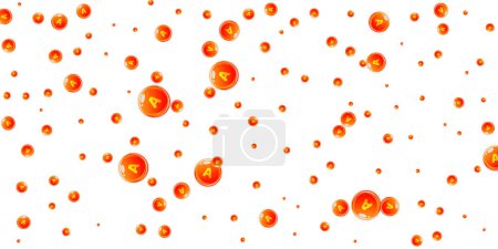 Illustration for Vitamin A round capsules scattered randomly.  Beauty treatment and nutrition skin care.   Medical and scientific background.  Wellness concept. - Royalty Free Image