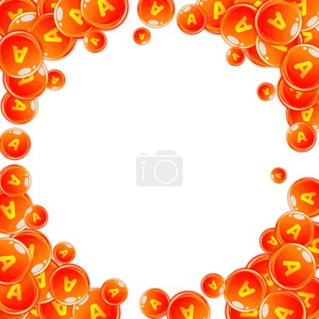 Illustration for Vitamin A round capsules scattered randomly.  Beauty treatment and nutrition skin care.   Medical and scientific background.  Healthy life concept. - Royalty Free Image