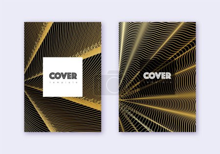 Hipster cover design template set. Gold abstract lines on black background. Comely cover design. Impressive catalog, poster, book template etc.