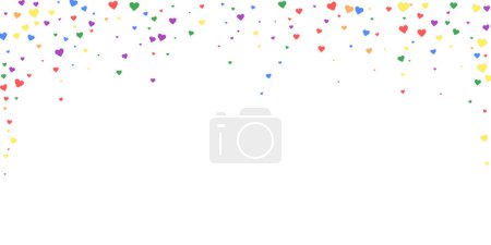 Valentine hearts, flying, falling down, floating.  Rainbow colored scattered hearts. LGBT valentine card.  Lovable valentine hearts vector illustration.