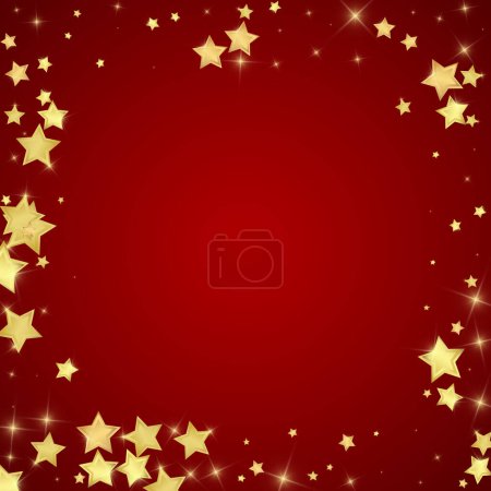 Magic stars vector overlay.  Gold stars scattered around randomly, falling down, floating.  Chaotic dreamy childish overlay template. Miraculous starry night vector  on red background.