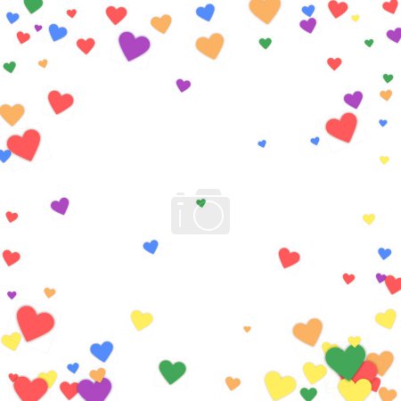 Flying hearts for valentine's day.  Rainbow colored scattered hearts. LGBT valentine card.  Beautiful flying hearts vector illustration.