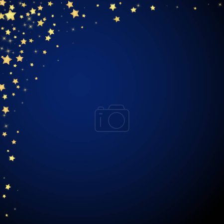 Magic stars vector overlay.  Gold stars scattered around randomly, falling down, floating.  Chaotic dreamy childish overlay template. Vector magic overlay  on dark blue background.