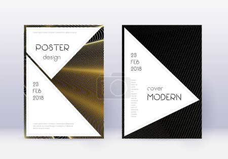 Stylish cover design template set. Gold abstract lines on black background. Fair cover design. Mesmeric catalog, poster, book template etc.