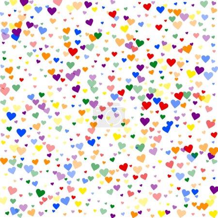 Corazones rociados plantilla de San Valentín. Corazones dispersos de color arco iris. Tarjeta de San Valentín LGBT. Ilustración de vectores de corazones salpicados festivos.
