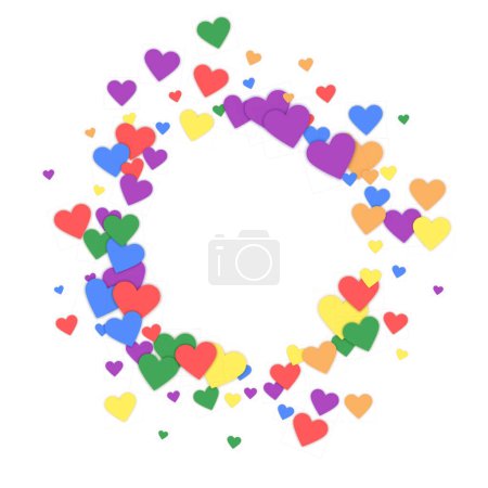 Falling hearts valentine card template. Rainbow colored scattered hearts. LGBT valentine card.  Chaotic falling hearts vector illustration.