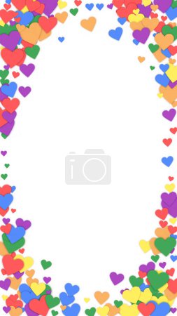 Corazones de San Valentín, volando, cayendo, flotando. Corazones dispersos de color arco iris. Tarjeta de San Valentín LGBT. Ilustración del vector de corazones de San Valentín adorable.
