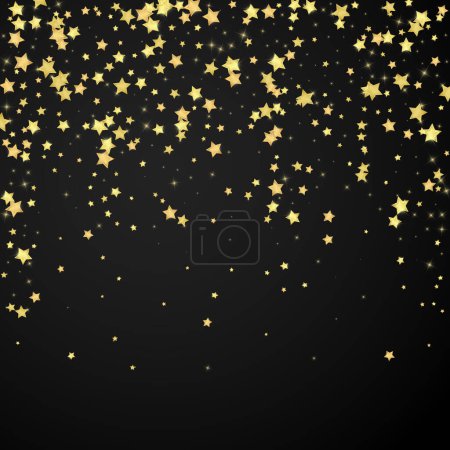 Magische Sterne Vektor-Overlay. Goldsterne verstreuten sich zufällig, fielen herunter und schwebten. Chaotisch verträumte, kindliche Overlay-Vorlage. Vektor-Magie-Overlay auf schwarzem Hintergrund.