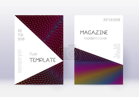 Triangle cover design template set. Rainbow abstract lines on wine red background. Indelible cover design. Extraordinary catalog, poster, book template etc.