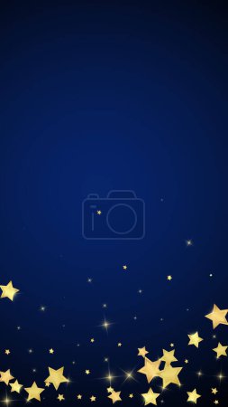 Magic stars vector overlay.  Gold stars scattered around randomly, falling down, floating.  Chaotic dreamy childish overlay template. Miraculous starry night vector  on dark blue background.