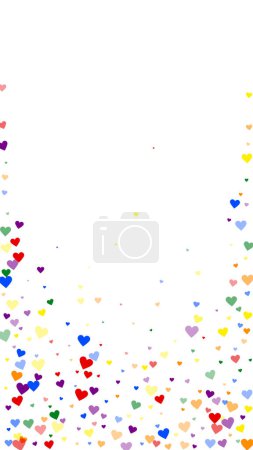 Falling hearts valentine card template. Rainbow colored scattered hearts. LGBT valentine card.  Chaotic falling hearts vector illustration.