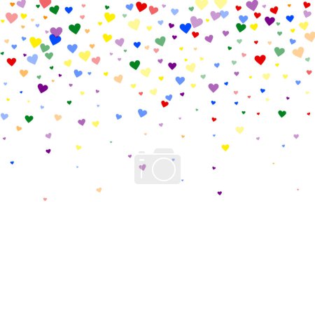 Heart confetti valentine overlay.  Rainbow colored scattered hearts. LGBT valentine card.  Joyfull heart confetti vector illustration