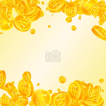 Illustration for Korean won coins falling. Scattered gold WON coins. Korea money. Jackpot wealth or success concept. Square vector illustration. - Royalty Free Image