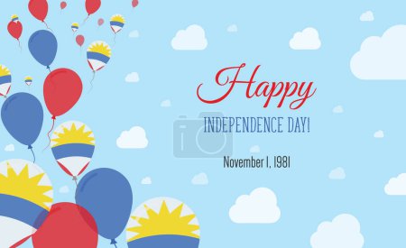 Antigua und Barbuda Independence Day Funkelndes patriotisches Plakat. Reihe von Luftballons in den Farben der antiguanischen Barbudan-Flagge. Grußkarte mit Nationalflaggen, blauem Himmel und Wolken.