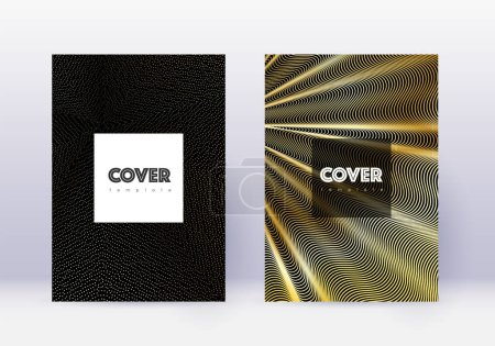 Hipster cover design template set. Gold abstract lines on black background. Comely cover design. Overwhelming catalog, poster, book template etc.