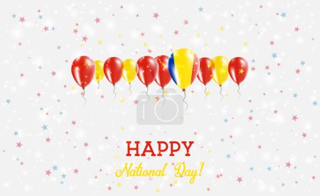 Romania Independence Day Sparkling Patriotic Poster. Row of Balloons in Colors of the Romanian Flag. Greeting Card with National Flags, Confetti and Stars.