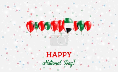 United Arab Emirates Independence Day Sparkling Patriotic Poster. Row of Balloons in Colors of the Emirian Flag. Greeting Card with National Flags, Confetti and Stars.