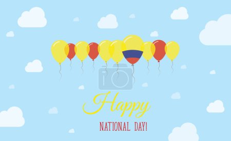 Colombia Independence Day Sparkling Patriotic Poster. Row of Balloons in Colors of the Colombian Flag. Greeting Card with National Flags, Blue Skyes and Clouds.