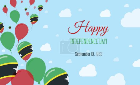 St. Kitts und Nevis Independence Day Funkelndes patriotisches Plakat. Reihe von Luftballons in den Farben der kittischen und nevisischen Flagge. Grußkarte mit Nationalflaggen, blauem Himmel und Wolken.