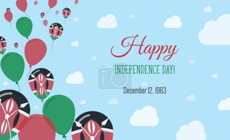 Kenya Independence Day Sparkling Patriotic Poster. Row of Balloons in Colors of the Kenyan Flag. Greeting Card with National Flags, Blue Skyes and Clouds.