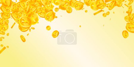 Japanese yen coins falling. Scattered gold JPY coins. Japan money. Global financial crisis concept. Wide vector illustration.