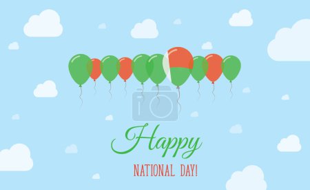 Madagaskar Independence Day Funkelndes patriotisches Plakat. Reihe von Luftballons in den Farben der madagassischen Flagge. Grußkarte mit Nationalflaggen, blauem Himmel und Wolken.