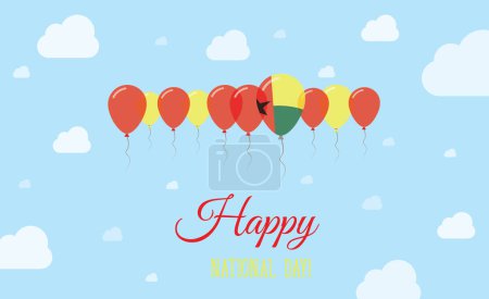 Guinea Independence Day Funkelndes patriotisches Plakat. Reihe von Luftballons in den Farben der guineischen Flagge. Grußkarte mit Nationalflaggen, blauem Himmel und Wolken.