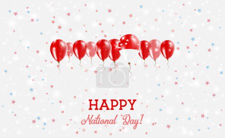 Singapore Independence Day Sparkling Patriotic Poster. Row of Balloons in Colors of the Singaporean Flag. Greeting Card with National Flags, Confetti and Stars.
