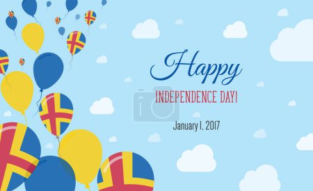 Aland Islands Independence Day Funkelndes patriotisches Plakat. Reihe von Luftballons in den Farben der schwedischen Flagge. Grußkarte mit Nationalflaggen, blauem Himmel und Wolken.
