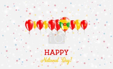 Illustration for Grenada Independence Day Sparkling Patriotic Poster. Row of Balloons in Colors of the Grenadian Flag. Greeting Card with National Flags, Confetti and Stars. - Royalty Free Image
