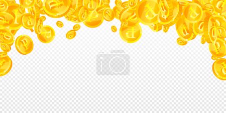 Russian ruble coins falling. Scattered gold RUB coins. Russia money. Global financial crisis concept. Wide vector illustration.