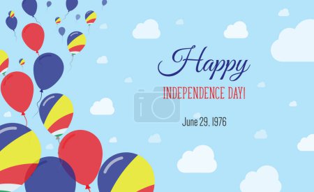 Seychellen Independence Day Funkelndes patriotisches Plakat. Reihe von Luftballons in den Farben der Seychellois-Flagge. Grußkarte mit Nationalflaggen, blauem Himmel und Wolken.