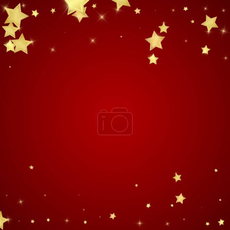 Magic stars vector overlay.  Gold stars scattered around randomly, falling down, floating.  Chaotic dreamy childish overlay template. Vector fairytale  on red background.