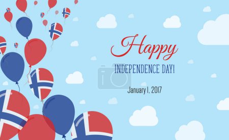 Día de la Independencia de Svalbard y Jan Mayen Cartel patriótico chispeante. Fila de globos en colores de la bandera noruega. Tarjeta de felicitación con Banderas Nacionales, Skyes Azules y Nubes.
