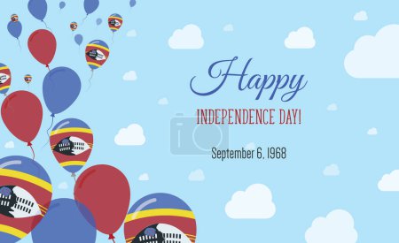 Illustration for Swaziland Independence Day Sparkling Patriotic Poster. Row of Balloons in Colors of the Swazi Flag. Greeting Card with National Flags, Blue Skyes and Clouds. - Royalty Free Image