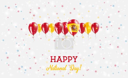 Spain Independence Day Sparkling Patriotic Poster. Row of Balloons in Colors of the Spanish Flag. Greeting Card with National Flags, Confetti and Stars.