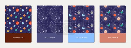 Diseño de portada de cuaderno. Patrón cósmico para niños. Lindo diseño para cuadernos y diarios escolares para niños. Dibujado a mano patrón cósmico divertido.