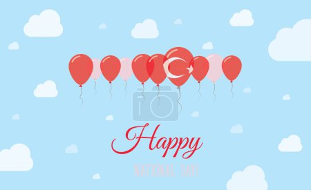 Téléchargez les illustrations : Turquie Independence Day Sparkling Patriotic Poster. Rangée de ballons en couleurs du drapeau turc. Carte de voeux avec drapeaux nationaux, Skyes bleus et nuages. - en licence libre de droit