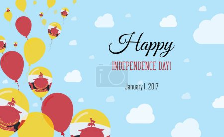 Brunei Darussalam Independence Day Sparkling Patriotic Poster. Row of Balloons in Colors of the Bruneian Flag. Greeting Card with National Flags, Blue Skyes and Clouds.