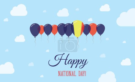 Chad Independence Day Sparkling Patriotic Poster. Row of Balloons in Colors of the Chadian Flag. Greeting Card with National Flags, Blue Skyes and Clouds.