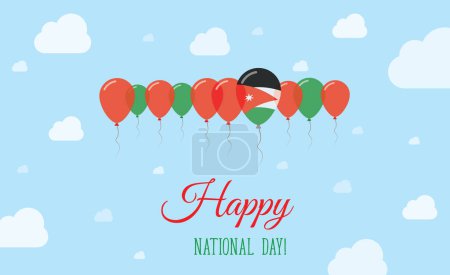 Jordan Independence Day Sparkling Patriotic Poster. Row of Balloons in Colors of the Jordanian Flag. Greeting Card with National Flags, Blue Skyes and Clouds.