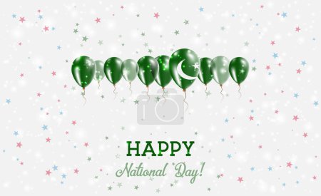 Téléchargez les illustrations : Pakistan Independence Day Sparkling Patriotic Poster. Rangée de ballons en couleurs du drapeau pakistanais. Carte de voeux avec drapeaux nationaux, confettis et étoiles. - en licence libre de droit