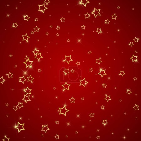 Des étoiles scintillantes éparpillées au hasard, volant, tombant, flottant. Concept de célébration de Noël. Illustration vectorielle des étoiles festives sur fond rouge.