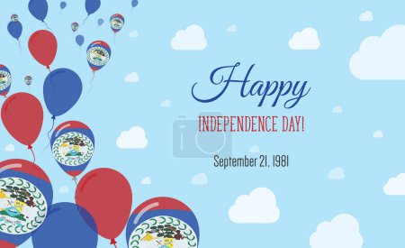 Téléchargez les illustrations : Belize Independence Day Affiche patriotique étincelante. Rangée de ballons dans les couleurs du drapeau bélizien. Carte de voeux avec drapeaux nationaux, Skyes bleus et nuages. - en licence libre de droit