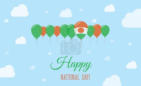 Niger Independence Day Sparkling Patriotic Poster. Row of Balloons in Colors of the Nigerian Flag. Greeting Card with National Flags, Blue Skyes and Clouds.