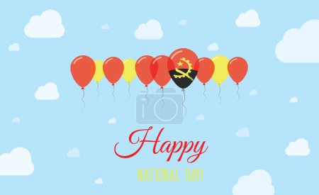 Angola Independence Day Funkelnde patriotische Plakate. Reihe von Luftballons in den Farben der angolanischen Flagge. Grußkarte mit Nationalflaggen, blauem Himmel und Wolken.