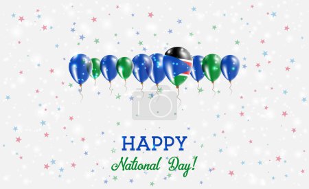 South Sudan Independence Day Sparkling Patriotic Poster. Row of Balloons in Colors of the South Sudanese Flag. Greeting Card with National Flags, Confetti and Stars.