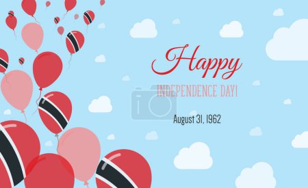 Affiche patriotique étincelante du Jour de l'indépendance de Trinité-et-Tobago. Rangée de ballons en couleurs du drapeau trinidadien. Carte de voeux avec drapeaux nationaux, Skyes bleus et nuages.